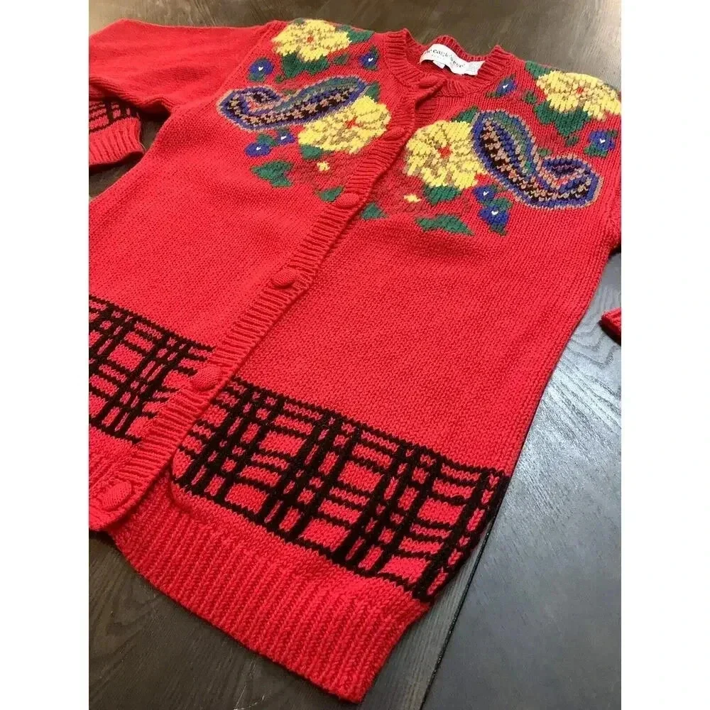 Vintage The Eagle's Eye Sweater Hand Knit Teacher School Cardigan Flowers SZ M - Picture 3 of 9